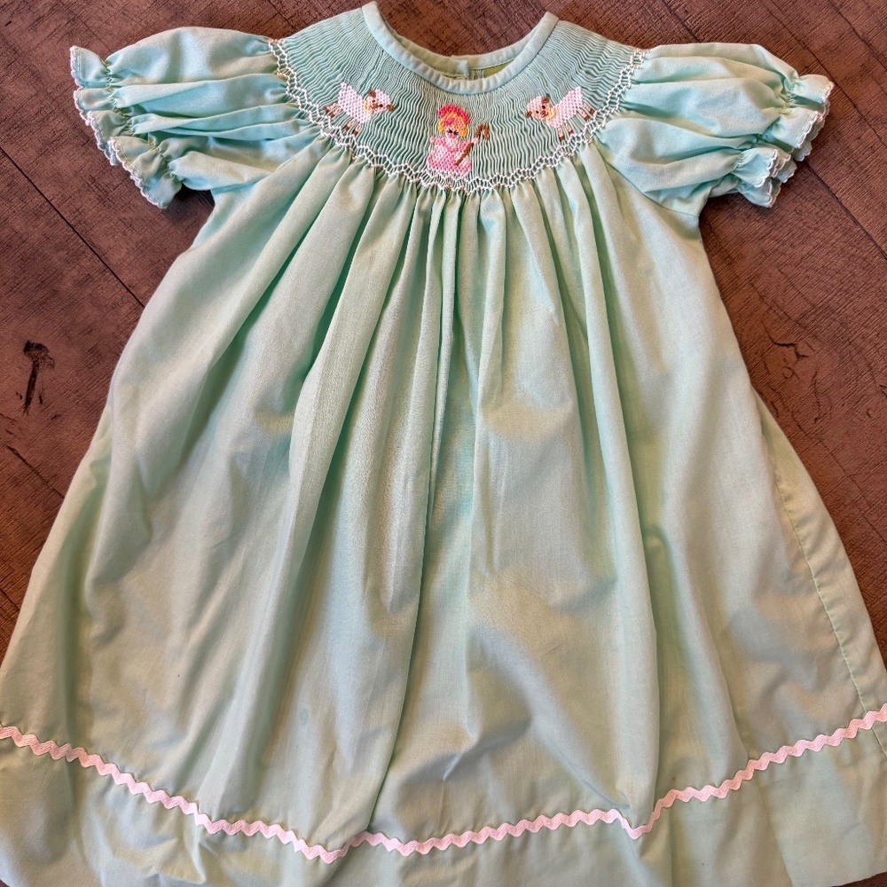 Classic Whimsy Little Bo Peep and Lamb Smocked Teal Dress